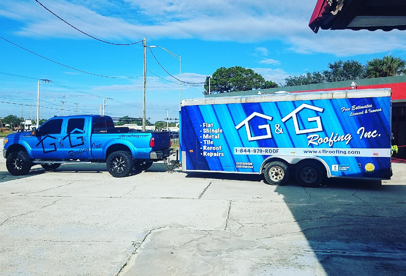 Commercial roofing truck and trailer graphics by Wrap Giants